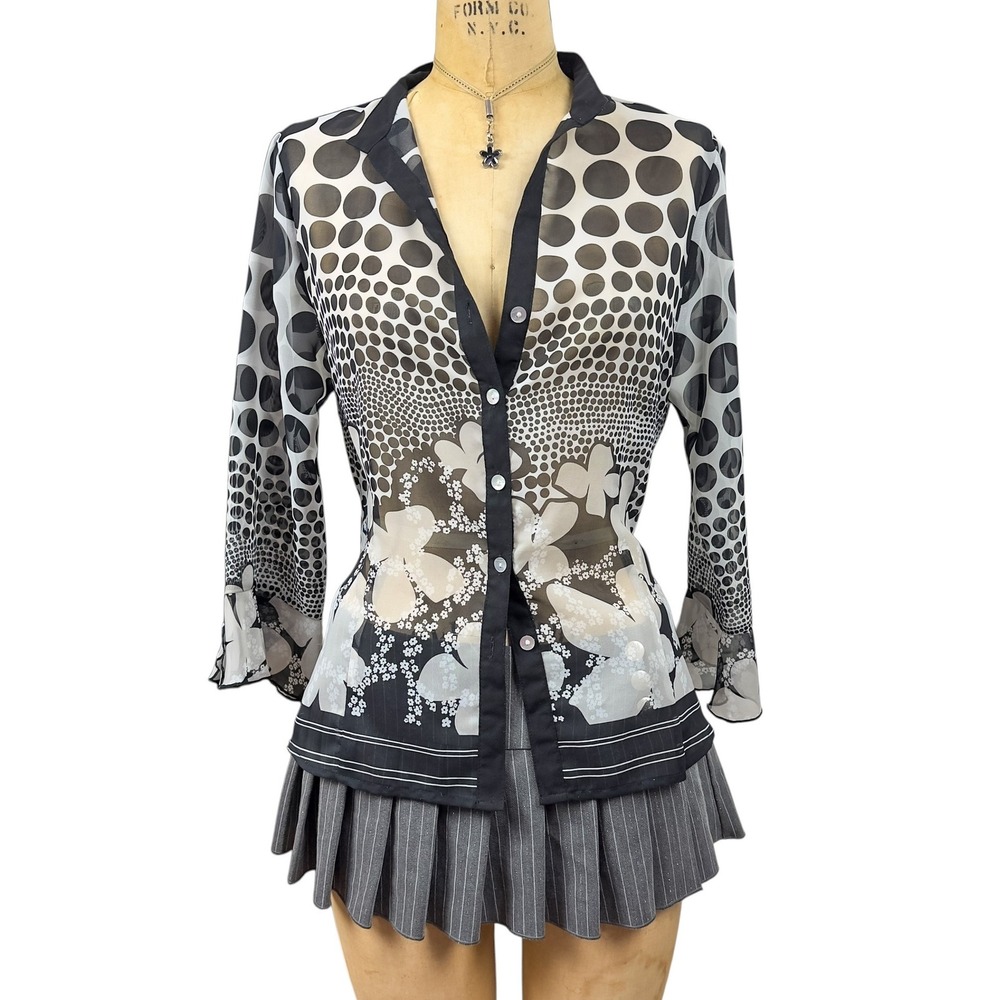Whimsygoth Sheer Bell Sleeve Blouse Ruffle Mixed Print Mod Groovy Y2K Size S